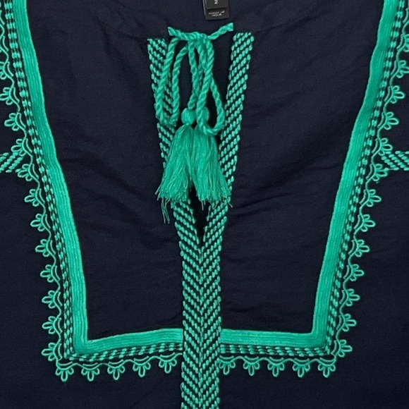 J Crew Blouse Womens 2 Navy Blue Green Embroidered Peasant Boho Top‎ Tassel Trim - Picture 7 of 11